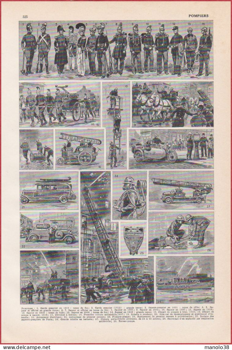 Pompiers. Pompier. Costumes à Divers époques, Matériels ... Illustration Maurice Toussaint. Larousse 1948. - Historische Documenten