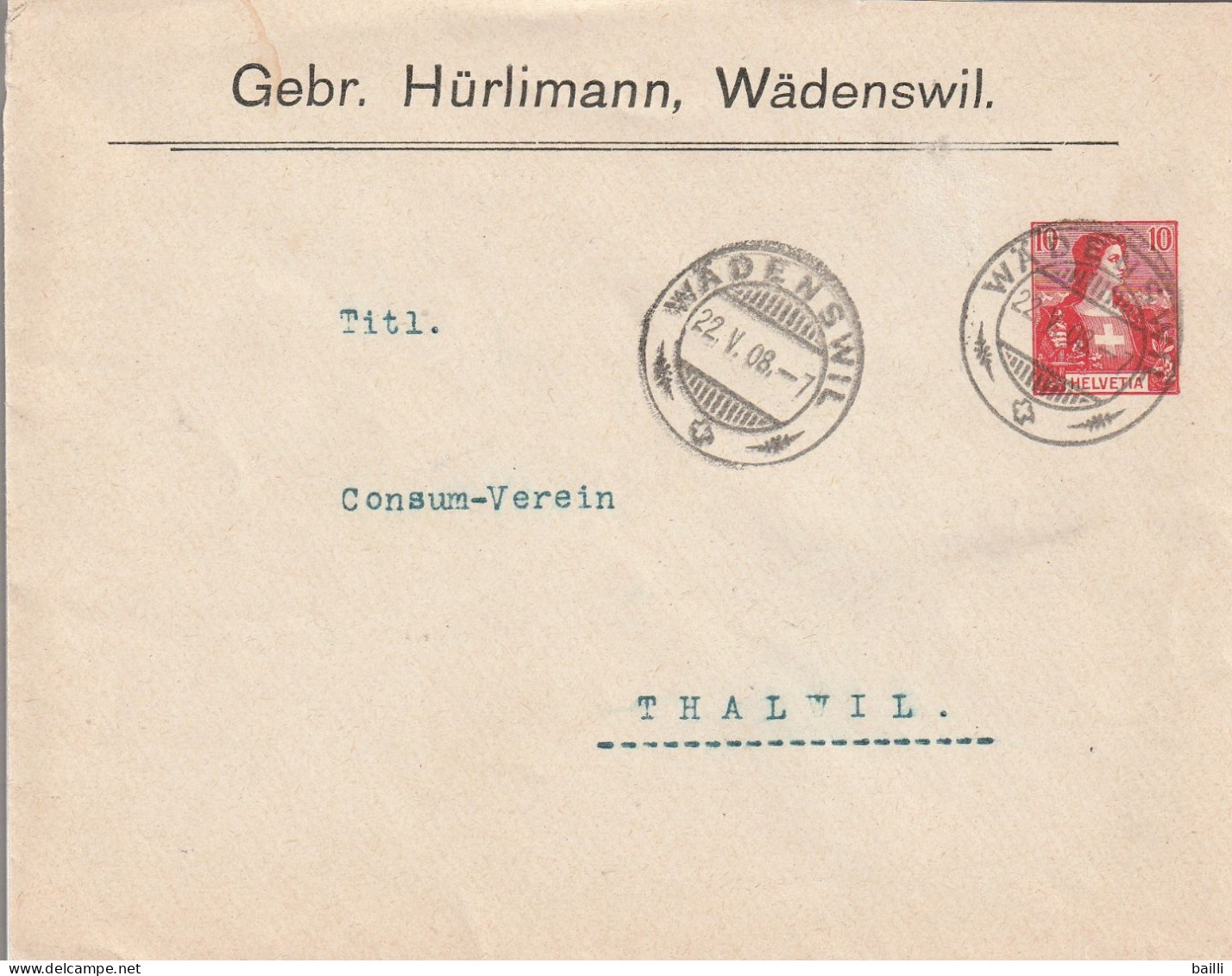 Suisse Entier Postal Privé Wädenswil 1908 - Stamped Stationery