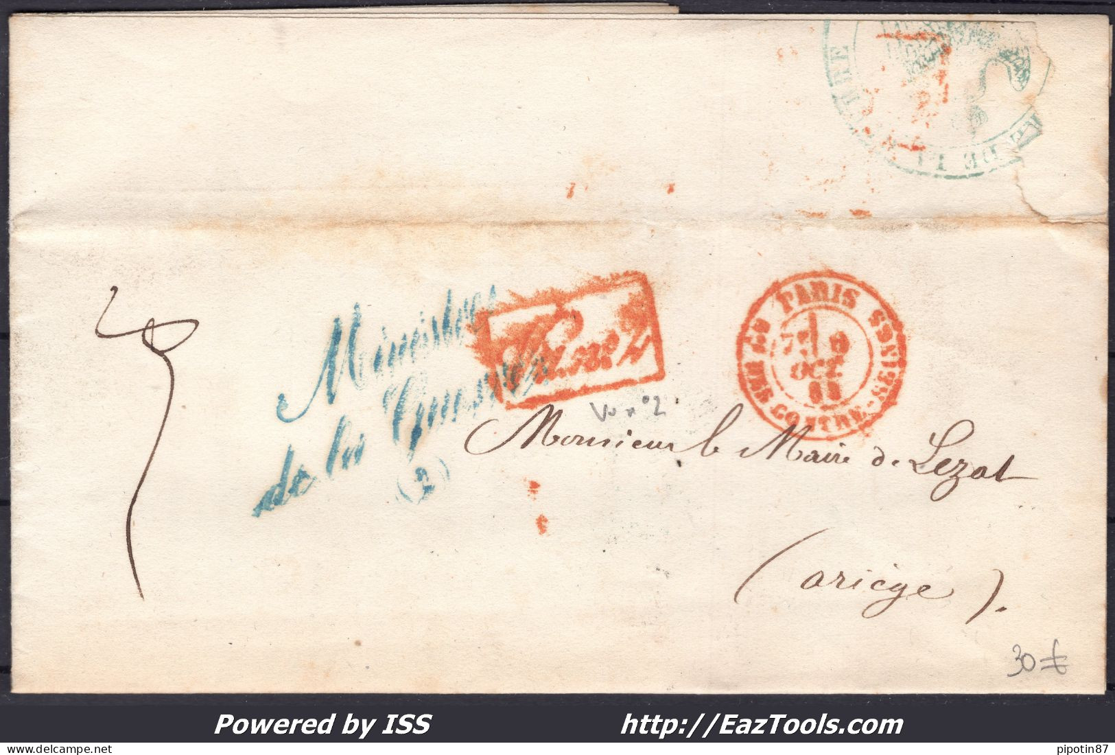 FRANCE MARQUE POSTALE AVEC CAD ROUGE PARIS BUREAU DES CONTRE SEINGS + VU N°2 DU 06/10/1864 - 1801-1848: Voorlopers XIX