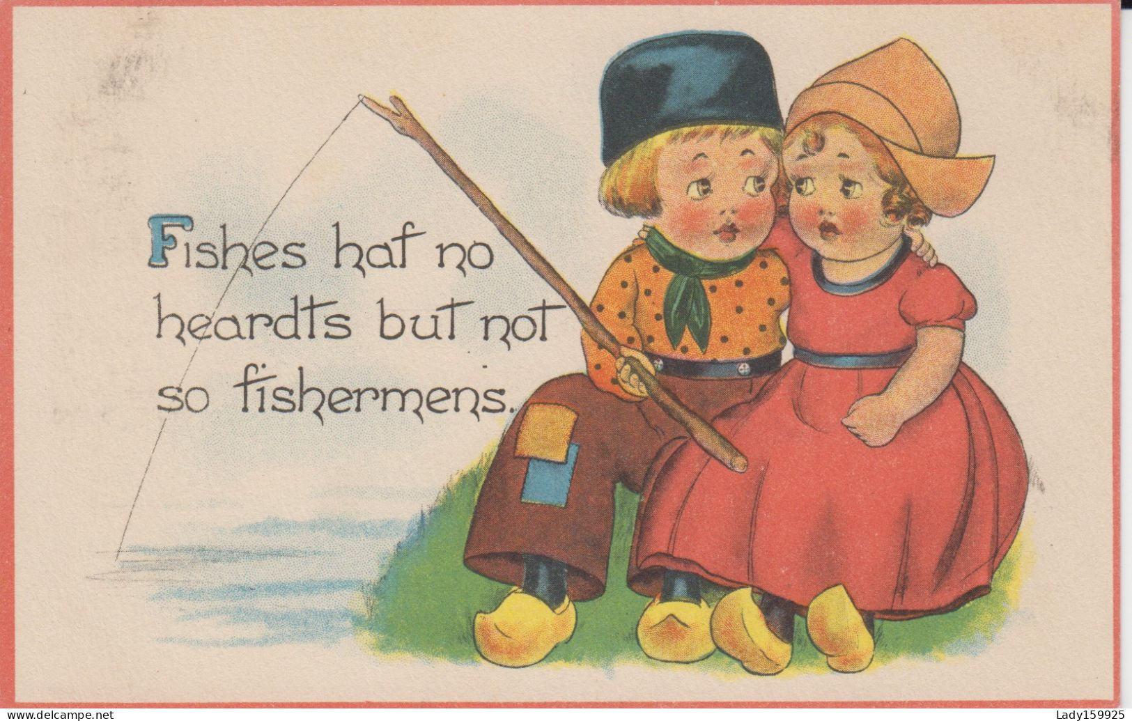 Fishes Haf No Heardts But Not So Fishermens,  Enfants Assis Bâton Comme Canne Pêche   2s - Humorous Cards