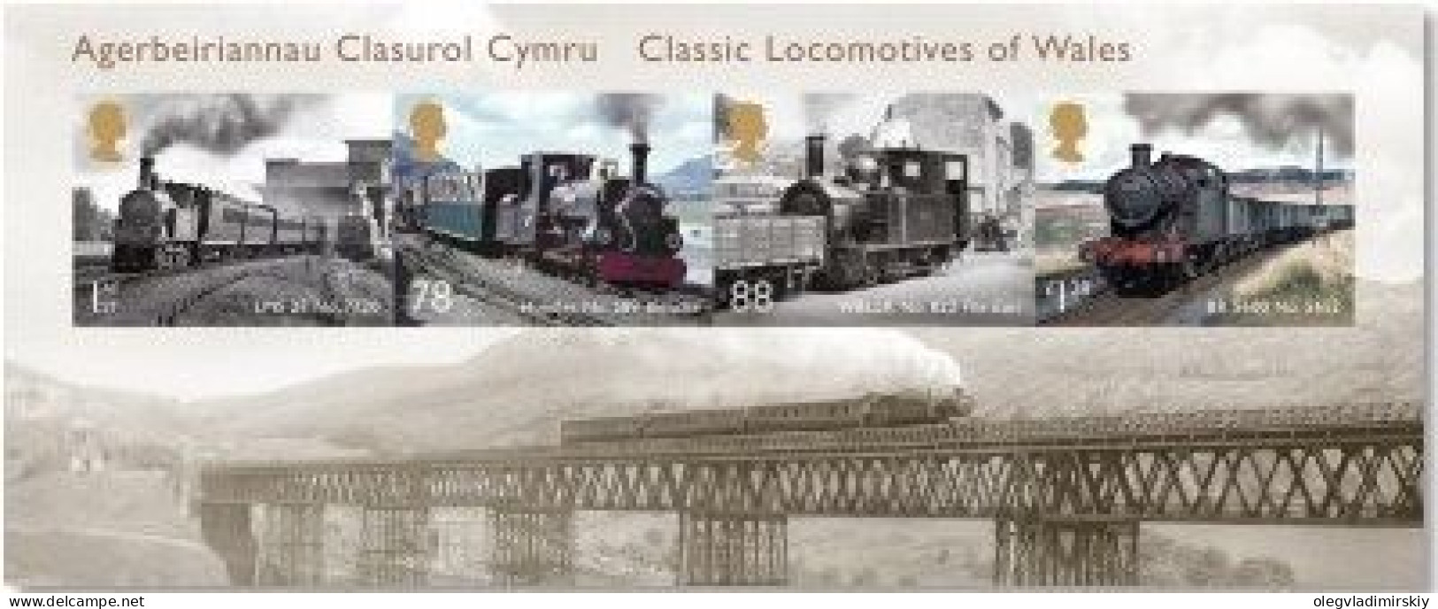 Great Britain United Kingdom 2014 Classic Welsh Locomotives Trains Set Of 4 Stamps In Block MNH - Eisenbahnen