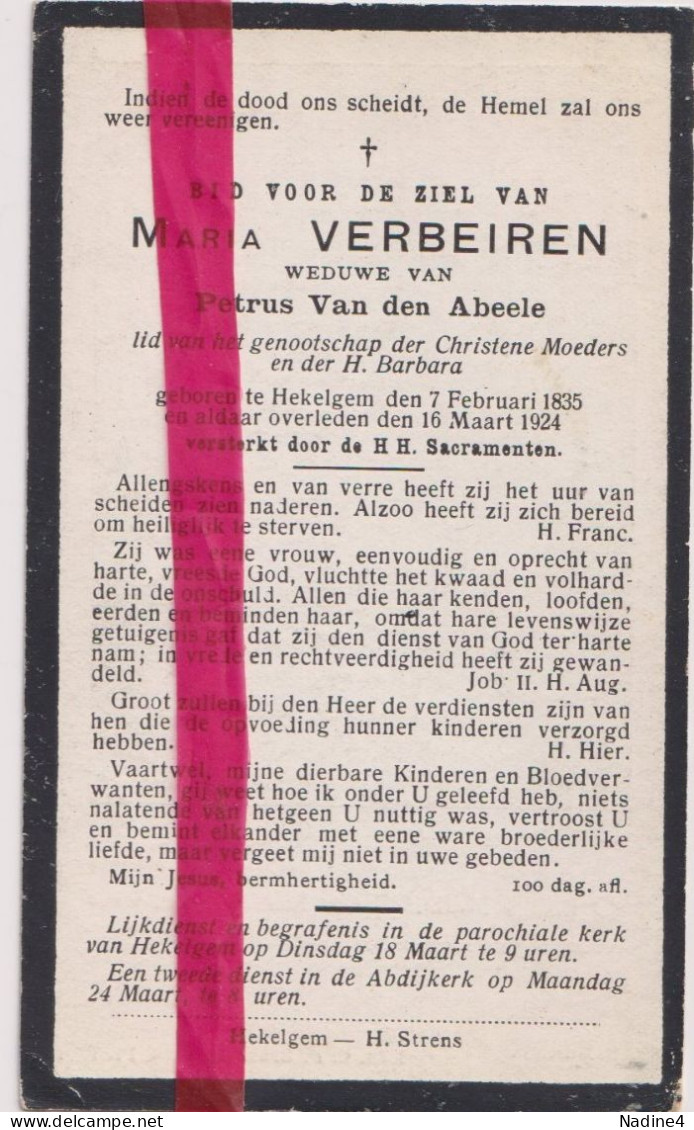 Devotie Doodsprentje Overlijden - Maria Verbeiren Wed. Petrus Van Den Abeele - Hekelgem 1835 - 1924 - Todesanzeige