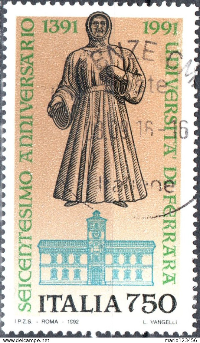 ITALIA, ITALY, ANNIVERSARIO UNIVERSITA FERRARA, 1992, USATI Scott:IT 1861, Yt:IT 1934 - 1991-00: Used