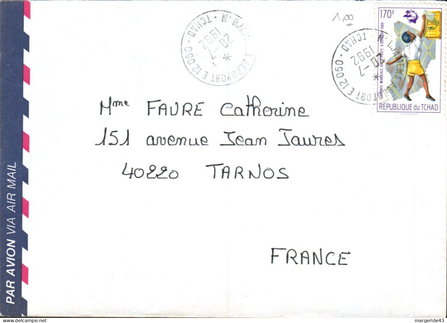 TCHAD SEUL SUR LETTRE AVION DE FORT LAMY POUR LA FRANCE 1992 - Tchad (1960-...)