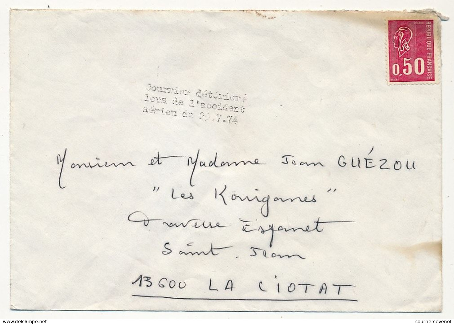 Enveloppe Affr. 0,50 Bequet - Sans Oblitération, Mais Cachet "Courrier Détérioré Lors De L'accident Aérien Du 25.7.74" - 1971-1976 Marianne Van Béquet