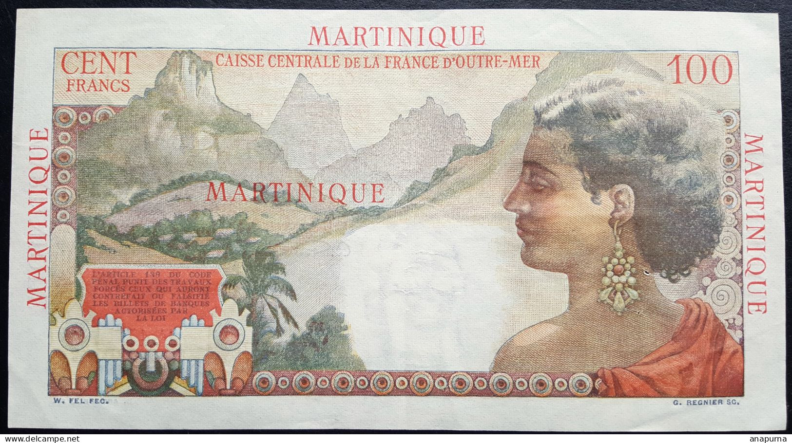 Billet 100 Francs Martinique La Bourdonnais, Francs, Caisse Centrale De La France D'Outre-Mer - Other - Oceania