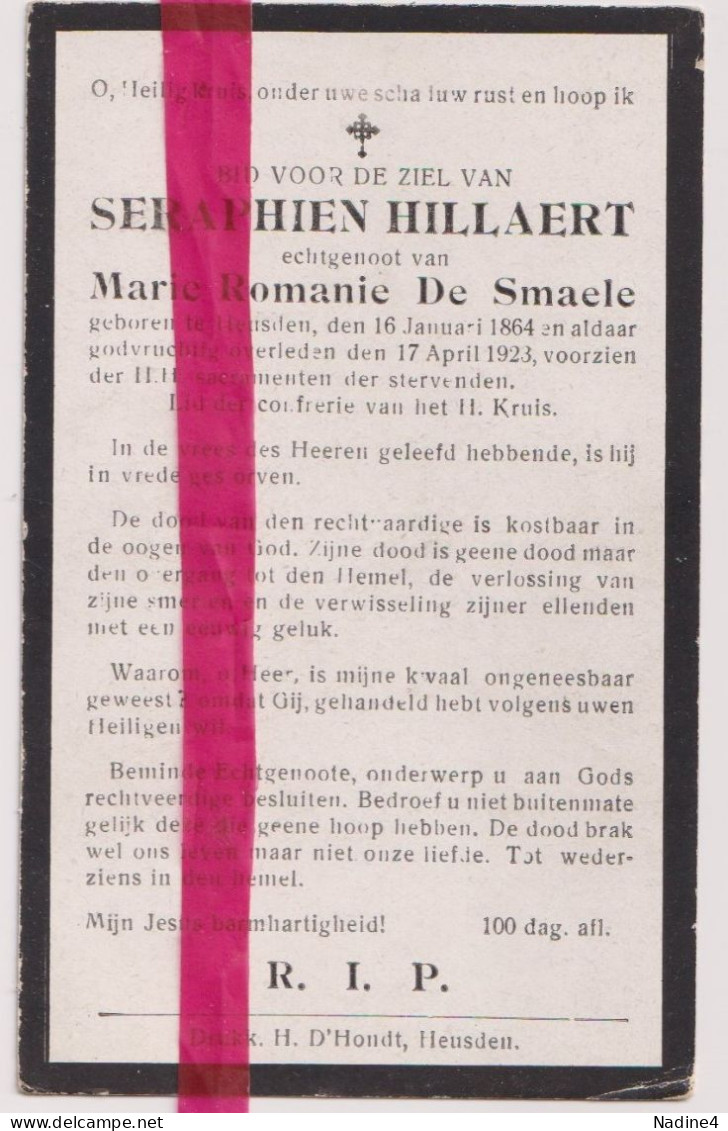 Devotie Doodsprentje Overlijden - Seraphien Hillaert Echtg Marie De Smaele - Heusden 1864 - 1923 - Avvisi Di Necrologio