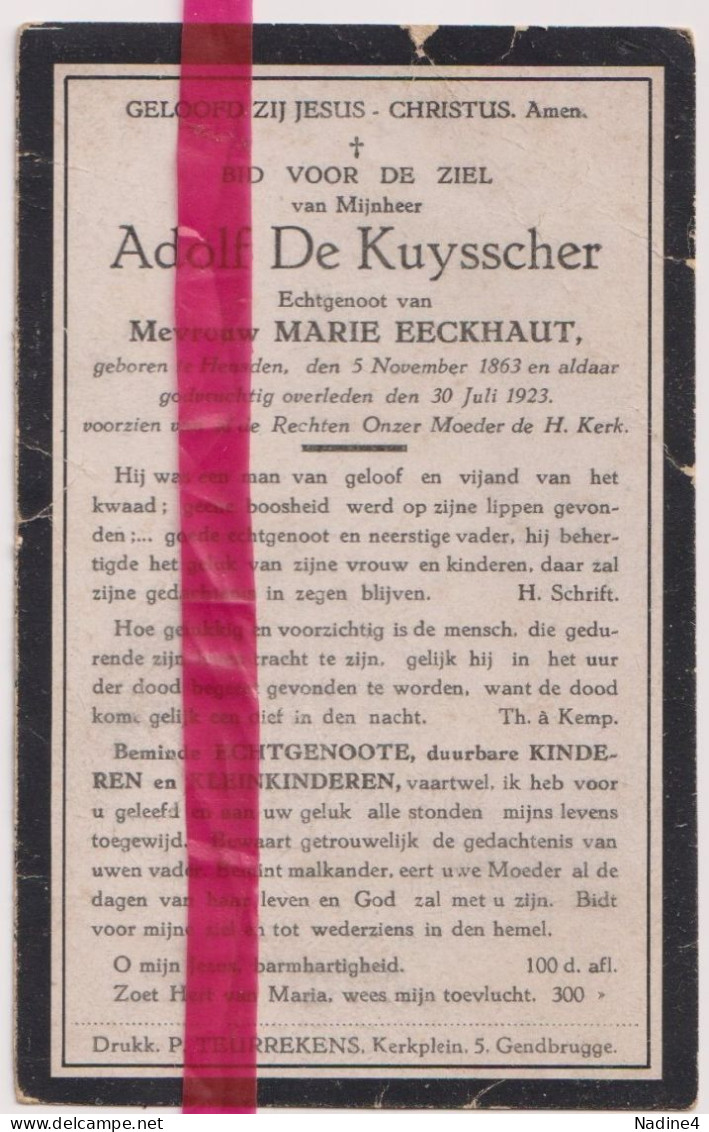 Devotie Doodsprentje Overlijden - Adolf De Kuysscher Echtg Marie Eeckhaut - Heusden 1863 - 1923 - Avvisi Di Necrologio