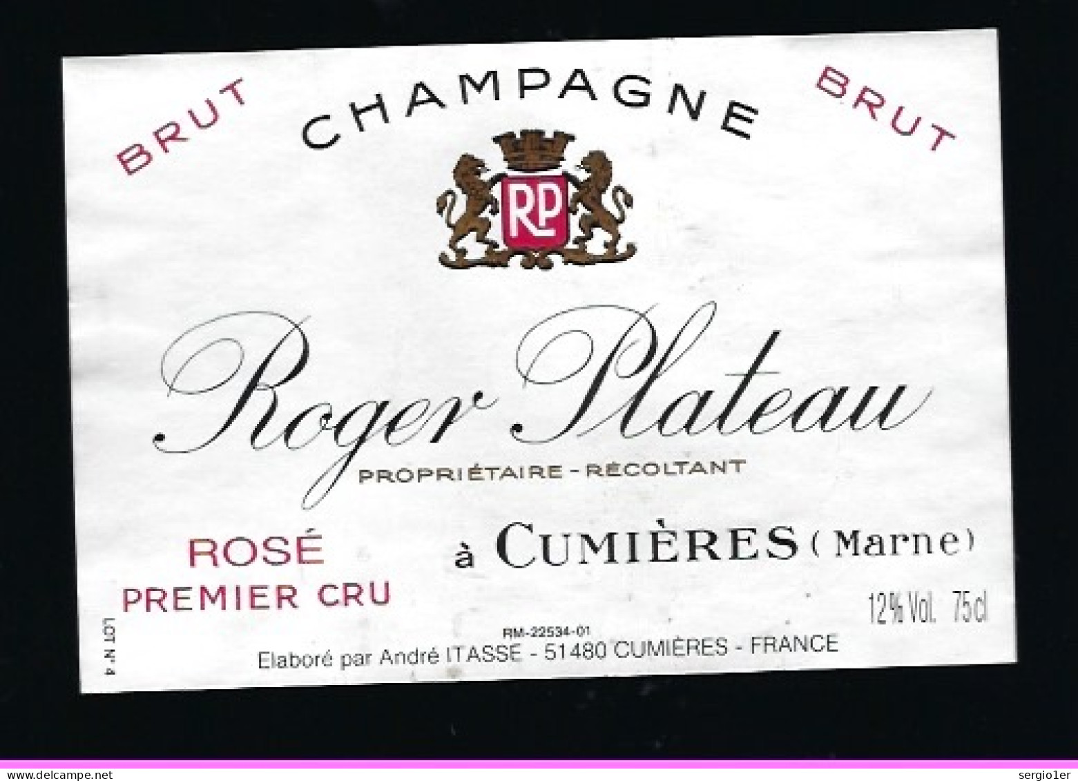 Etiquette Champagne  Brut Rosé 1er Cru Roger Plateau Cumieres  Marne 51 - Champagner