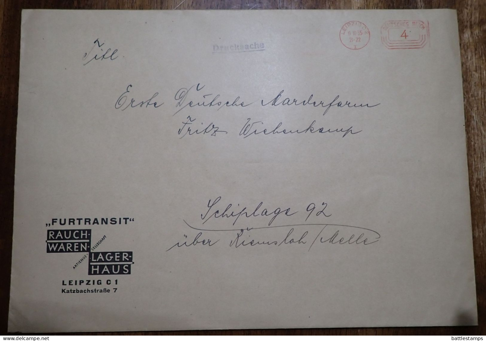 Germany 1935 4pf. Meter Drucksache Cover & Documents; Leipzig - „FURTRANSIT" Rauchwaren, Lagerhaus / Animal Fur Auctions - Lettres & Documents