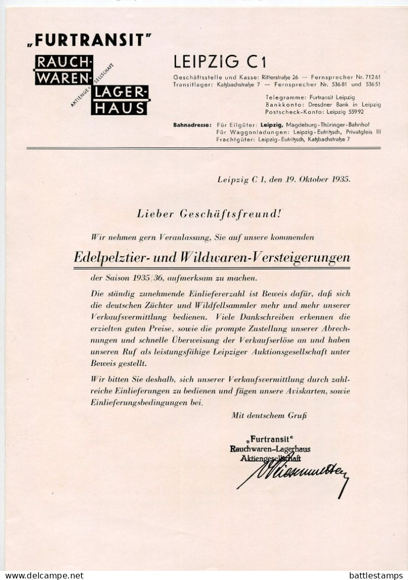 Germany 1935 4pf. Meter Drucksache Cover & Documents; Leipzig - „FURTRANSIT" Rauchwaren, Lagerhaus / Animal Fur Auctions - Covers & Documents
