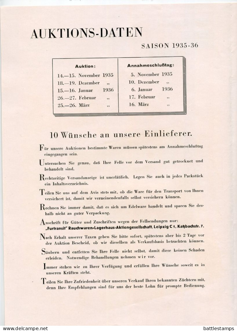 Germany 1935 4pf. Meter Drucksache Cover & Documents; Leipzig - „FURTRANSIT" Rauchwaren, Lagerhaus / Animal Fur Auctions - Lettres & Documents