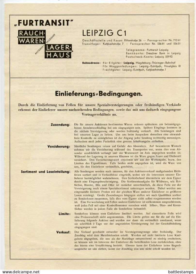 Germany 1935 4pf. Meter Drucksache Cover & Documents; Leipzig - „FURTRANSIT" Rauchwaren, Lagerhaus / Animal Fur Auctions - Lettres & Documents