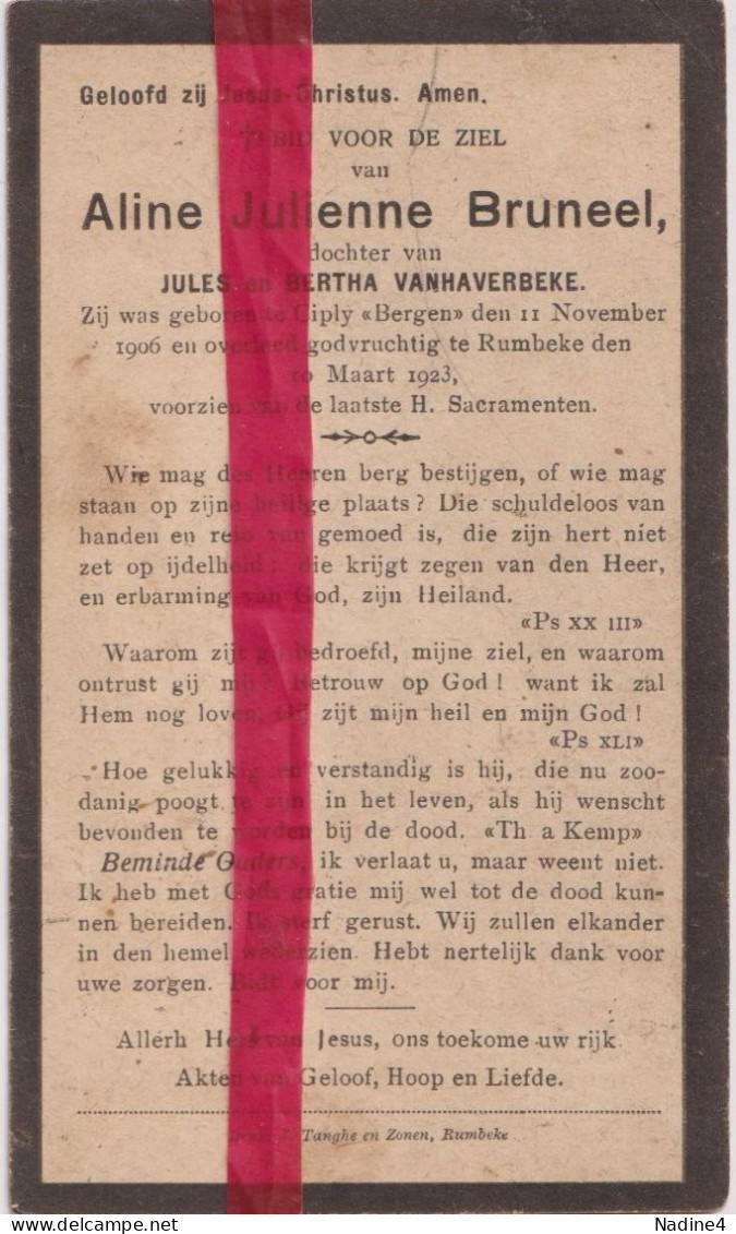 Devotie Doodsprentje Overlijden - Aline Bruneel Dochter Jules & Bertha Vanhaverbeke - Ciply Bergen 1906 - Rumbeke 1923 - Avvisi Di Necrologio