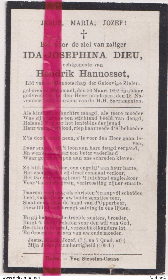 Devotie Doodsprentje Overlijden - Ida Dieu Echtg Hendrik Hannosset - Horpmaal 1892 - 1923 - Décès