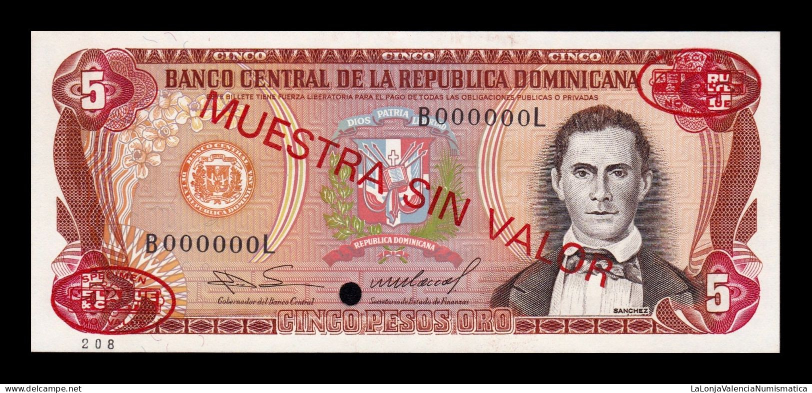 República Dominicana 5 Pesos Oro 1985 Pick 118Sc Specimen Sc Unc - Dominicaine