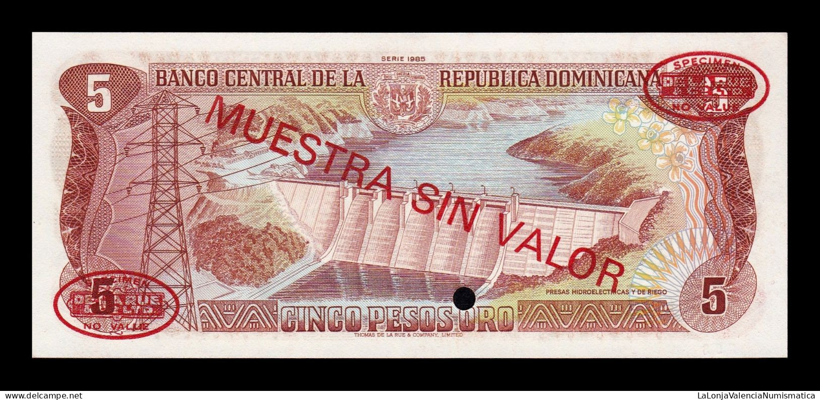 República Dominicana 5 Pesos Oro 1985 Pick 118Sc Specimen Sc Unc - Dominicana