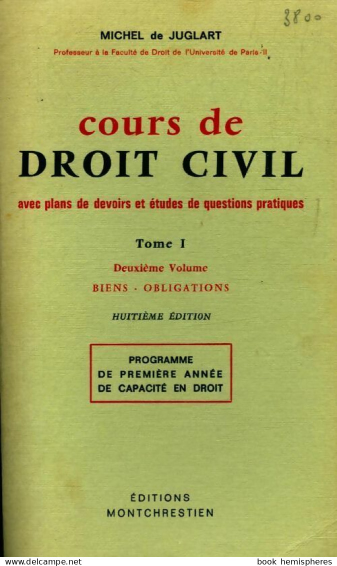 Cours De Droit Civil Tome I (1974) De Michel De Juglart - Diritto