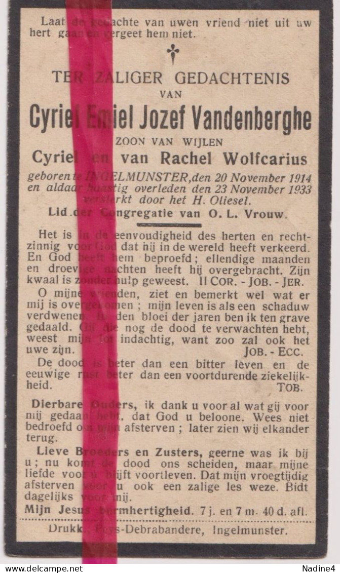Devotie Doodsprentje Overlijden - Cyriel Vandenberghe Zoon Cyriel & Rachel Wolfcarius - Ingelmunster 1914 - 1933 - Obituary Notices