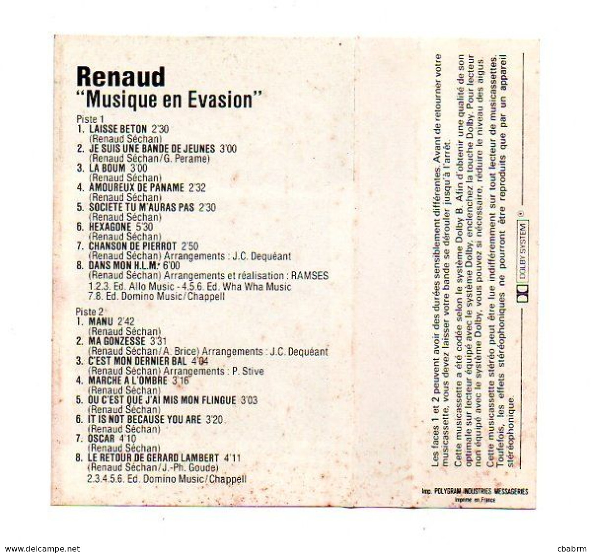 K7 CASSETTE RENAUD MUSIQUE EN EVASION 1981 FRANCE POLYDOR 811881-4 ORIGINALE - Casetes
