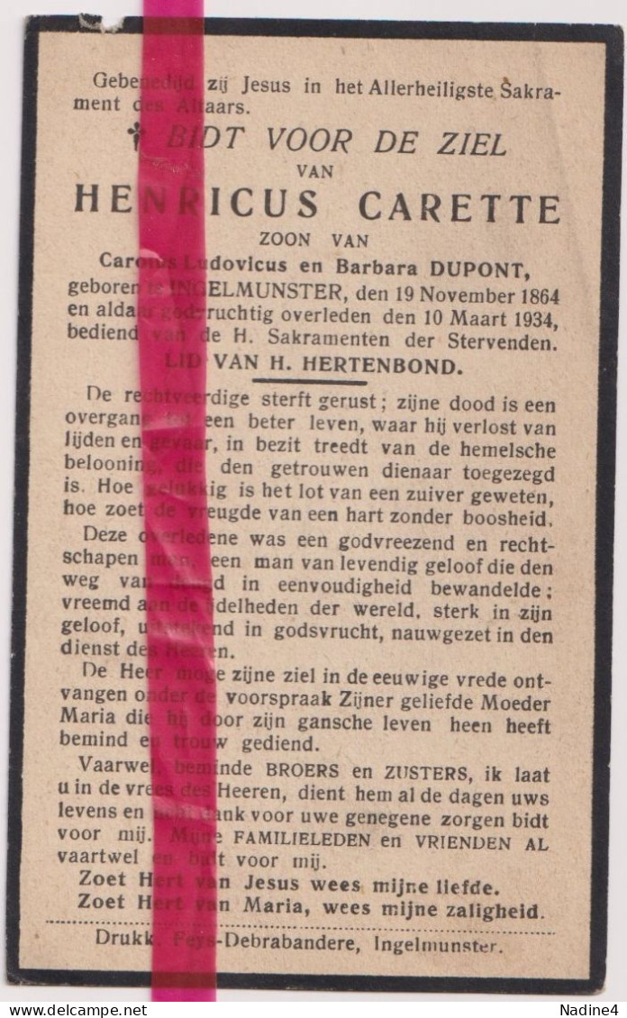 Devotie Doodsprentje Overlijden - Henri Carette Zoon Carolus & Barbara Dupont - Ingelmunster 1864 - 1934 - Todesanzeige
