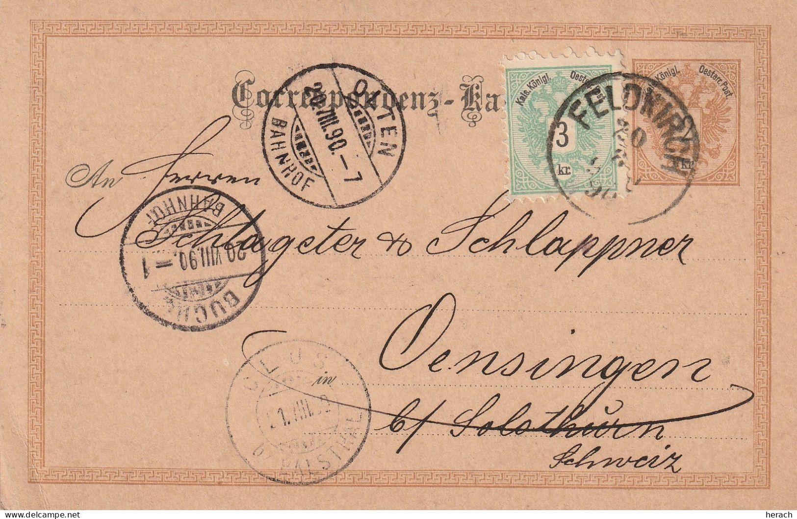 Autriche Entier Postal Feldkirch Pour La Suisse 1890 - Cartes Postales