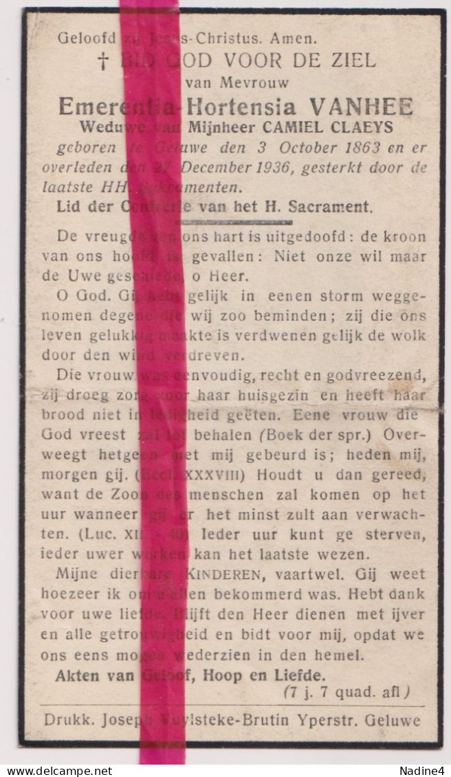 Devotie Doodsprentje Overlijden - Emerantia Vanhee Wed Camiel Claeys - Geluwe 1863 - 1936 - Obituary Notices