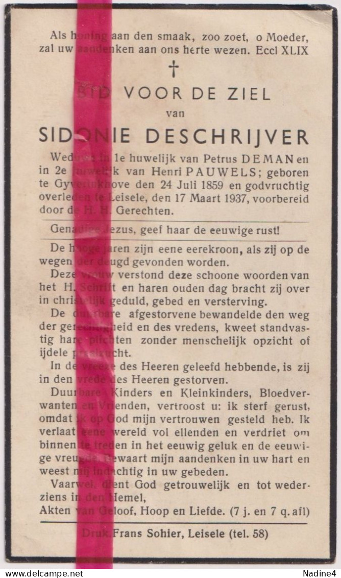 Devotie Doodsprentje Overlijden - Sidonie Deschrijver Wed Deman & Pauwels - Gijverinkhove 1859 - Leisele 1937 - Obituary Notices