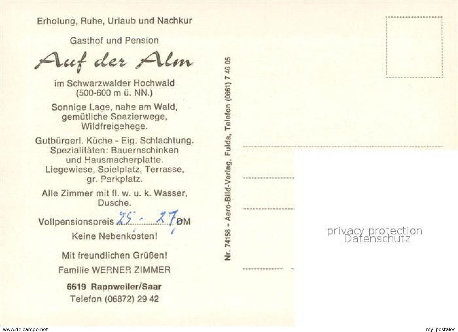 73722221 Rappweiler-Zwalbach Gasthof-Pension Auf Der Alm Reservierungskarte Rapp - Other & Unclassified