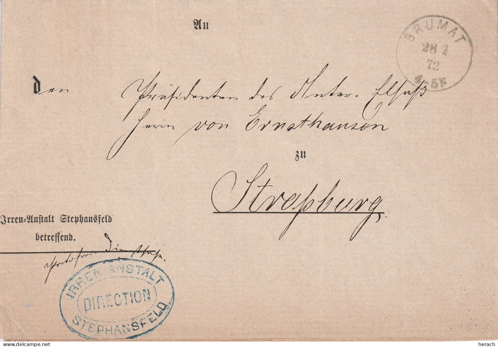 France Alsace Lettre Sans Correspondance En Franchise Brumat 1872 - Brieven En Documenten