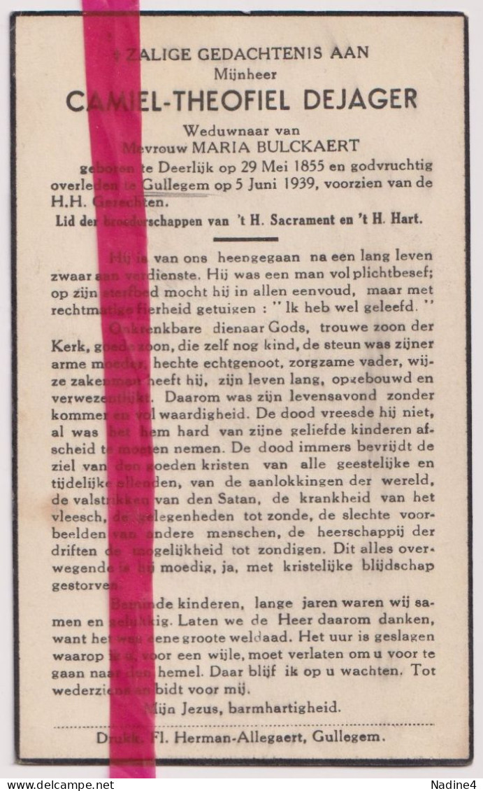 Devotie Doodsprentje Overlijden - Camiel Dejager Wed Maria Bulckaert - Deerlijk 1855 - Gullegem 1939 - Décès