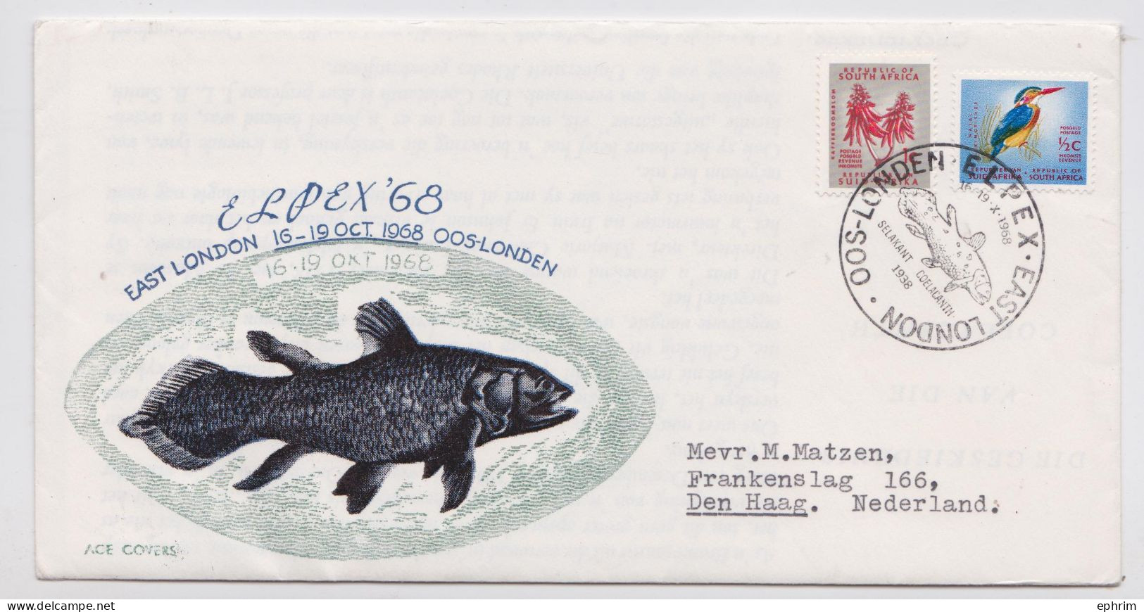 ELPEX 68 EAST LONDON SOUTH AFRICA ENVELOPPE TIMBRE POISSON FOSSILE COELACANTHE FOSSIL COELACANTH SELAKANT STAMP COVER - Covers & Documents
