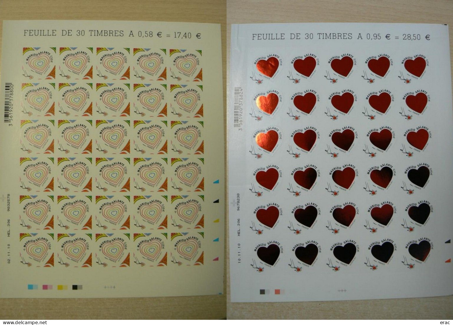 France - 2011 - Feuilles Complètes Neuves ** Des Autoadhésifs N° 510 Et 511 - Saint Valentin - Cœur - Maurizio Galante - Unused Stamps