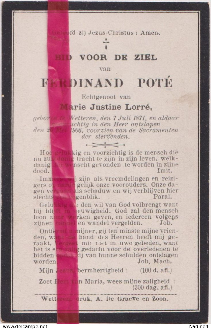 Devotie Doodsprentje Overlijden -Ferdinand Poté Echtg Marie Lorré - Wetteren 1871 - 1906 - Todesanzeige