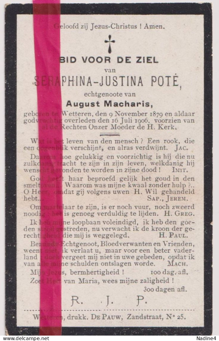 Devotie Doodsprentje Overlijden - Seraphina Poté Echtg August Macharis - Wetteren 1879 - 1906 - Obituary Notices