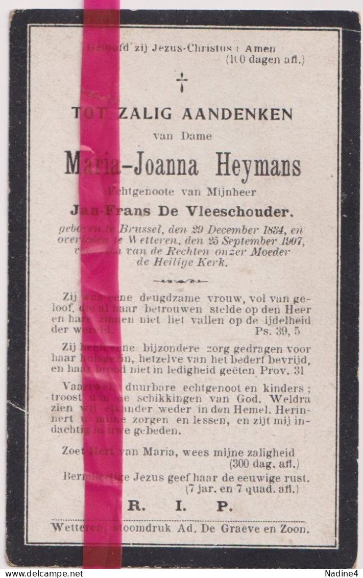 Devotie Doodsprentje Overlijden - Maria Heymans Echtg Jan De Vleeschouder - Brussel 1834 - Wetteren 1907 - Obituary Notices