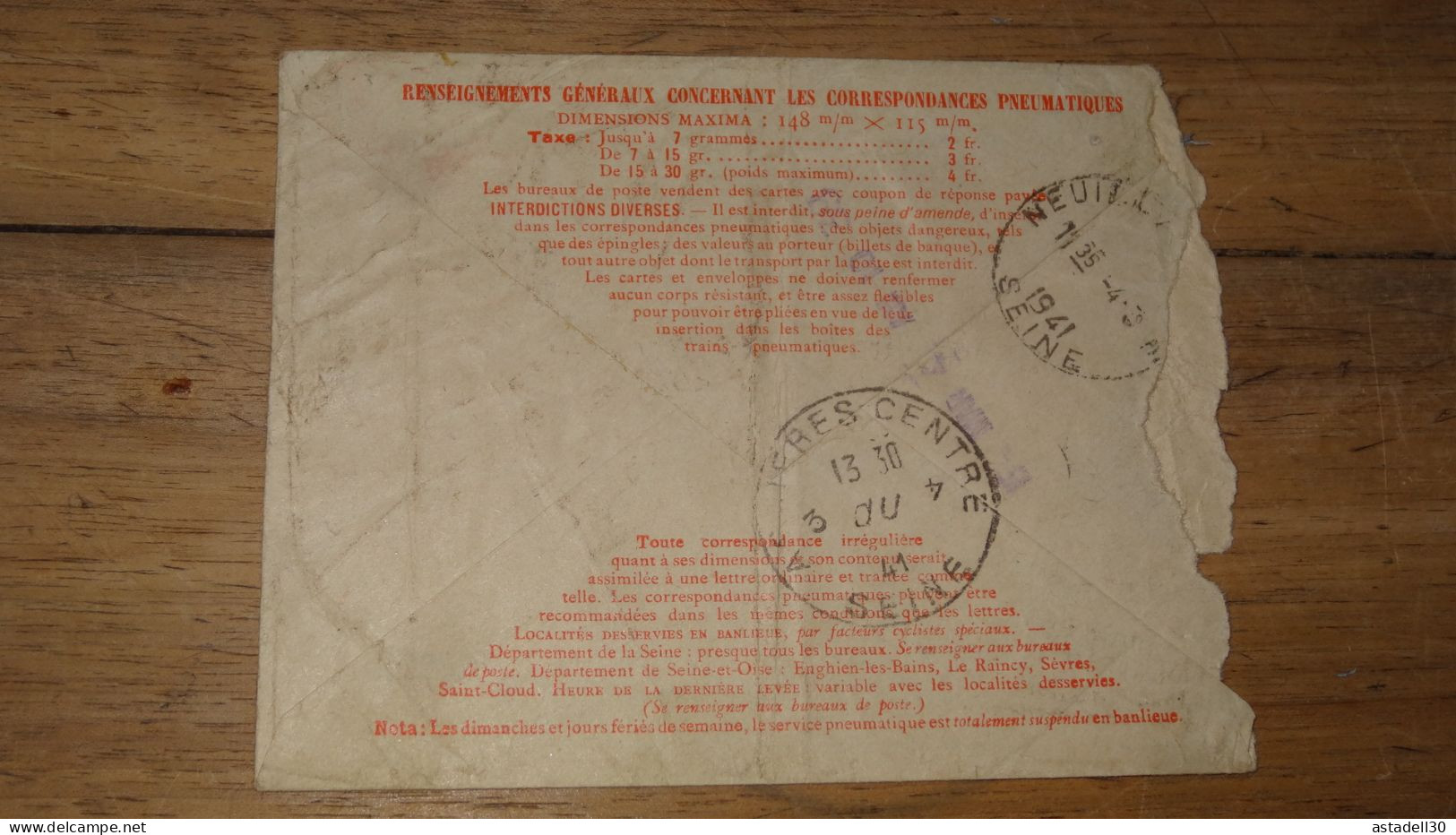Enveloppe Pneumatique Avec Complément,  Paris 1941   ......... Boite1 ...... 240424-175 - 1921-1960: Modern Tijdperk