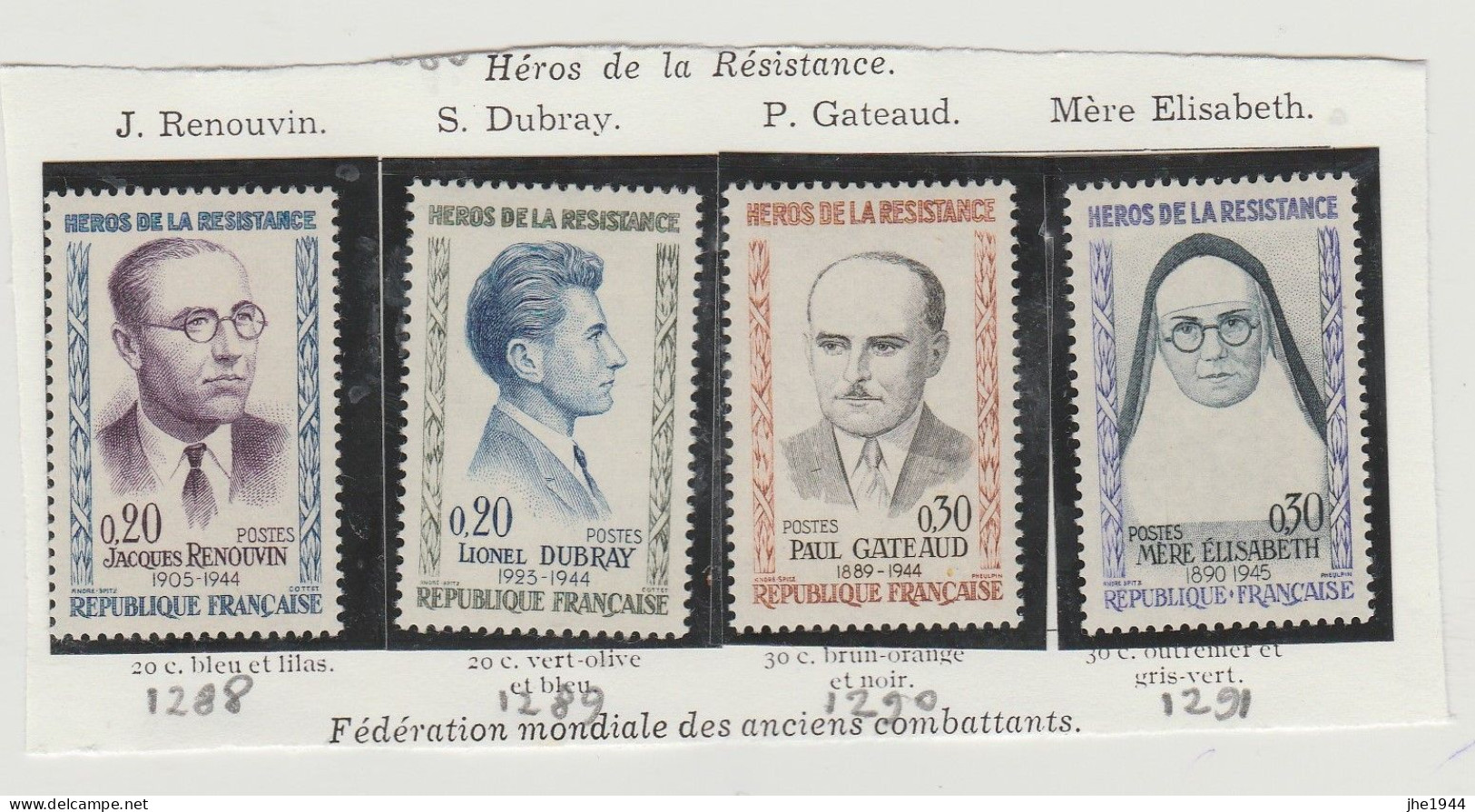 France N° 1288 à 1291 ** Série Heros De La Resistance - Neufs