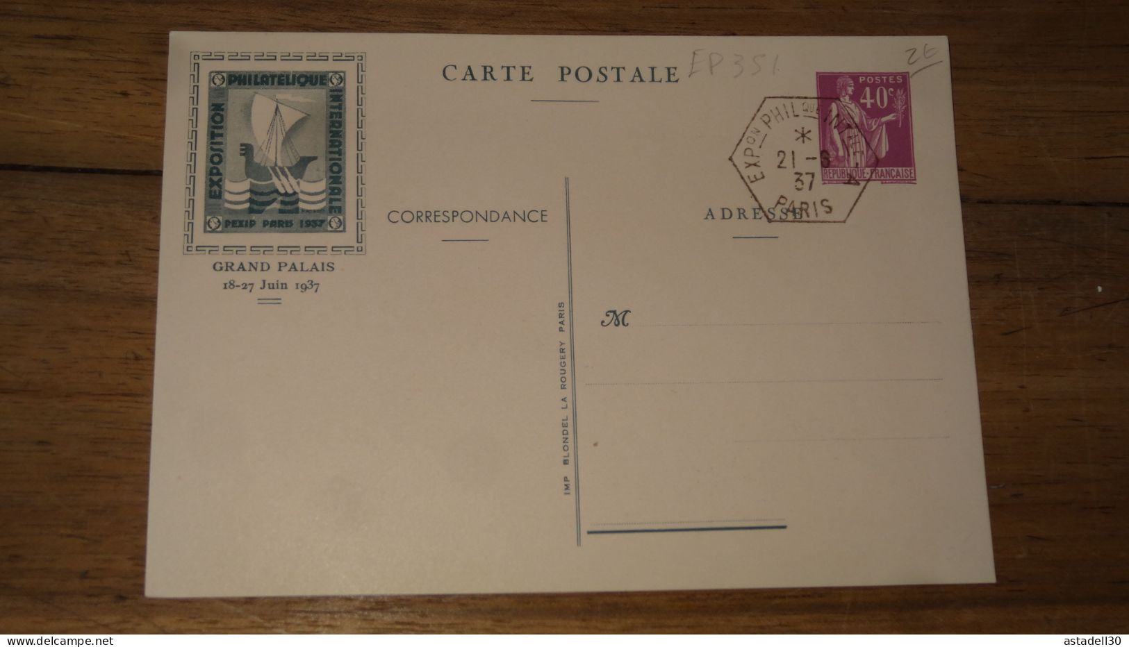 Entier Postal 40c Paix, Expo Philatelique 1937   ......... Boite1 ...... 240424-176 - 1921-1960: Modern Tijdperk