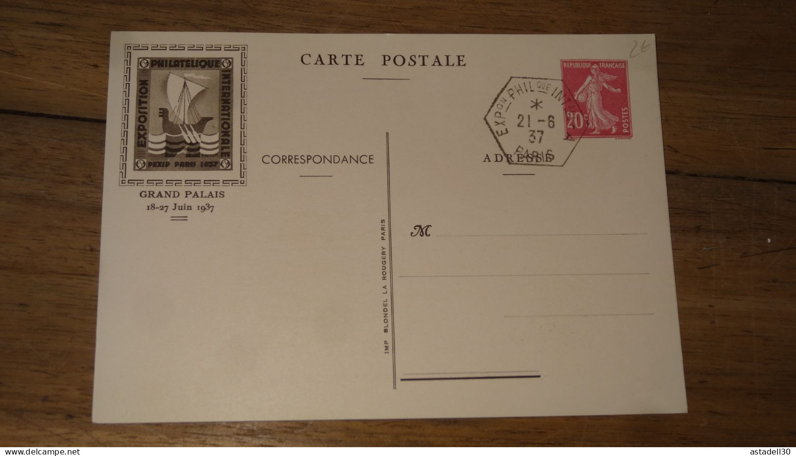 Entier Postal 20c Semeuse, Expo Philatelique 1937   ......... Boite1 ...... 240424-177 - 1921-1960: Modern Tijdperk