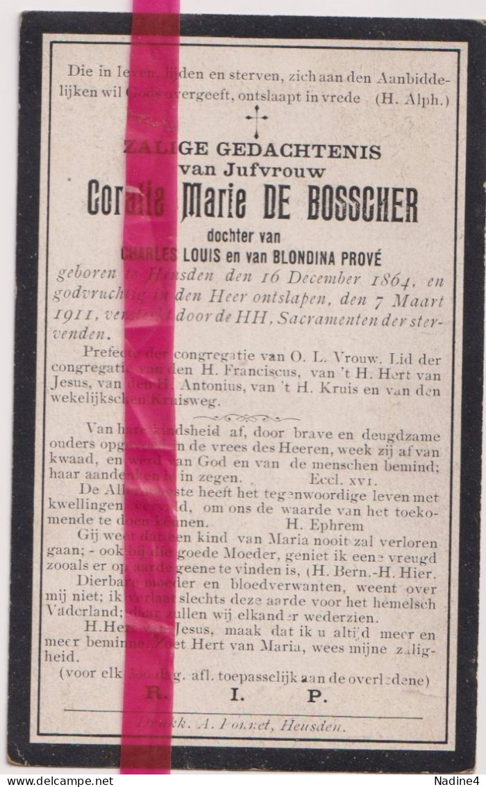 Devotie Doodsprentje Overlijden - Coralie De Bosscher Dochter Charles & Blondina Prové - Heusden 1864 - 1911 - Obituary Notices