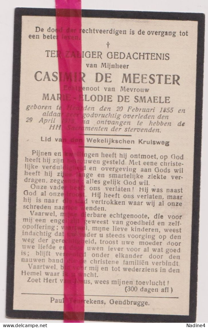 Devotie Doodsprentje Overlijden - Casimir De Meester Echtg Marie De Smaele - Heusden 1855 - 1913 - Décès