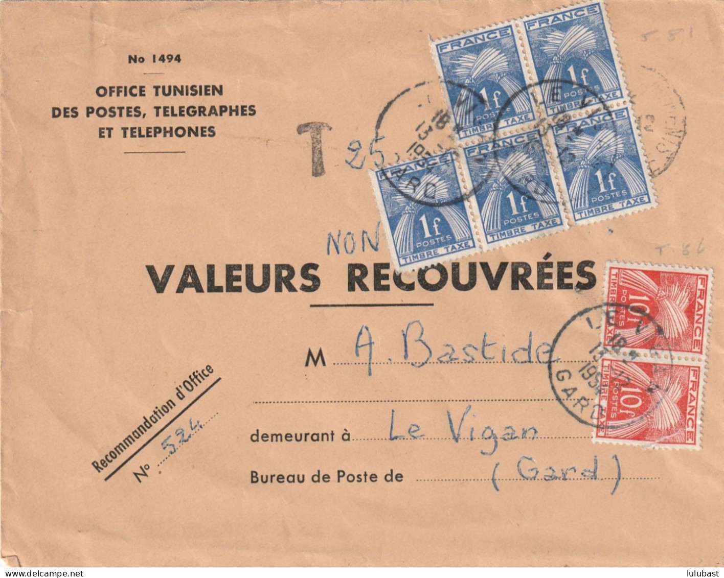 Lettre De TUNISIE  "Valeurs NON Recouvrées" Pour LE VIGAN (Gard) Taxée à 25F. Par N° 81 (bloc De 5) + 86 (paire (déf.) - 1859-1959 Briefe & Dokumente