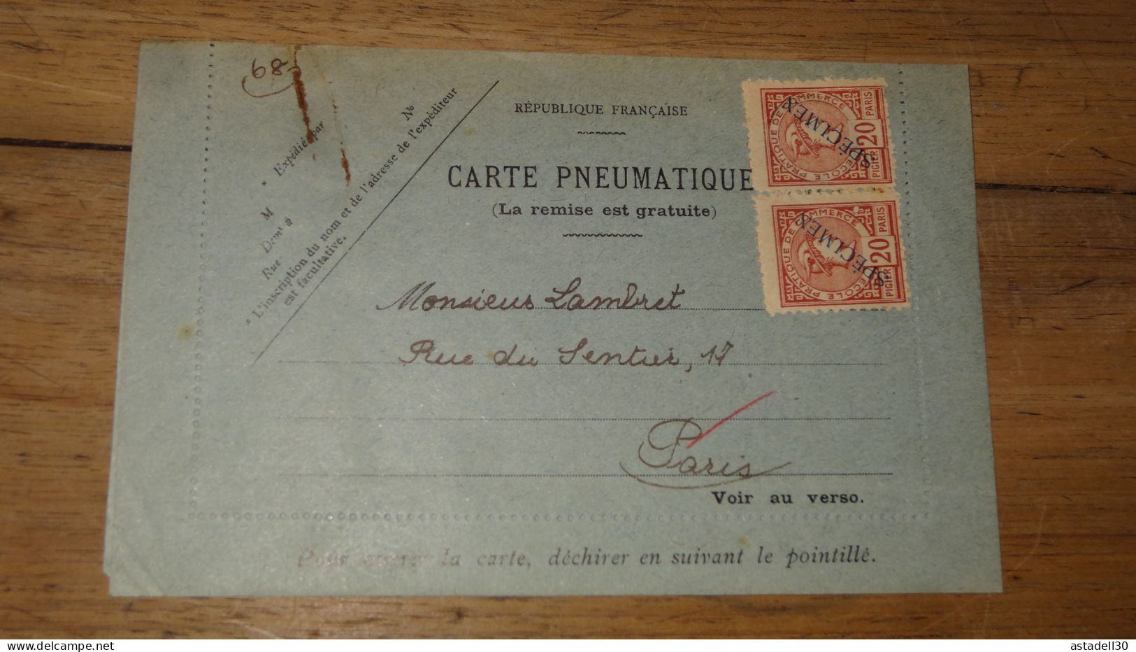 Carte Pneumatique SPECIMEN, Paire 20c Ecole Commerce   ......... Boite1 ...... 240424-179 - Phantomausgaben