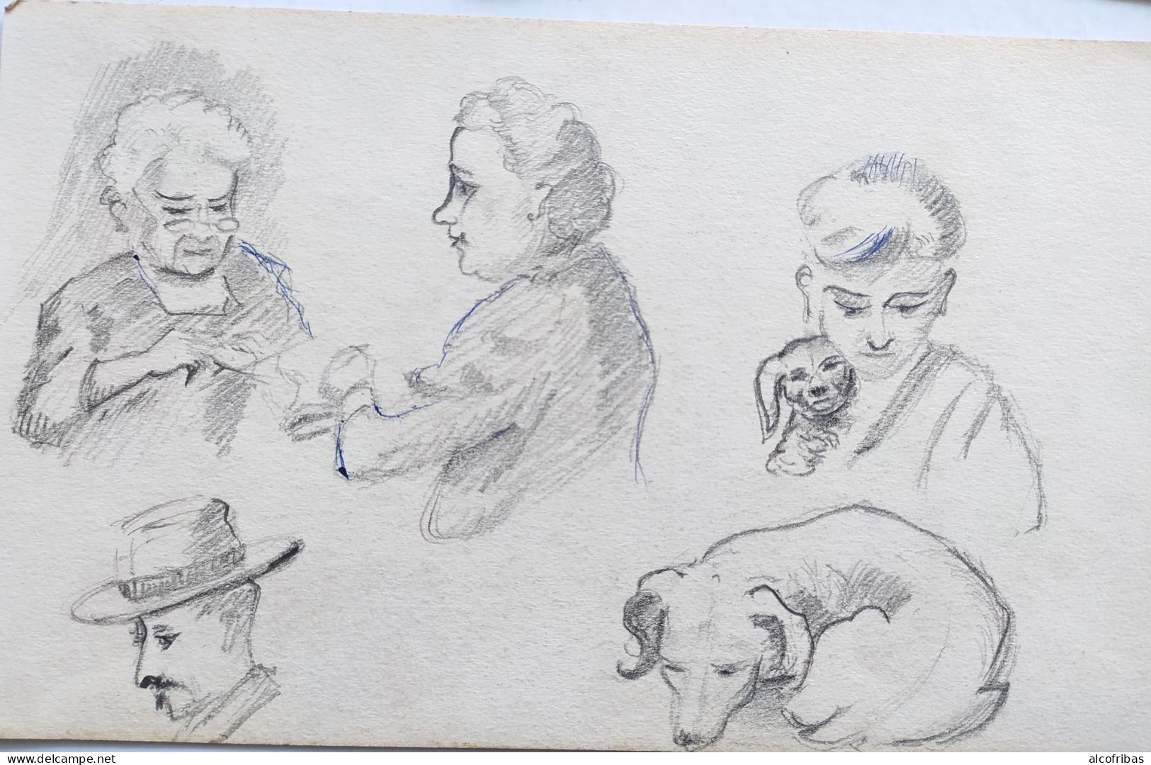 Lot Dessins Au Crayon Portraits Esquisses Femmes  Hommes Chien  De Mack - Tekeningen