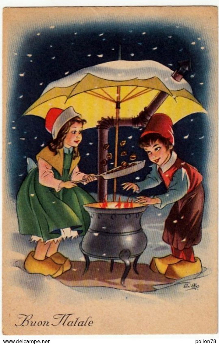 BUON NATALE - BAMBINI CON CALDARROSTE - 1956 - Vedi Firma Illustratore - Vedi Retro - Formato Piccolo - Andere & Zonder Classificatie