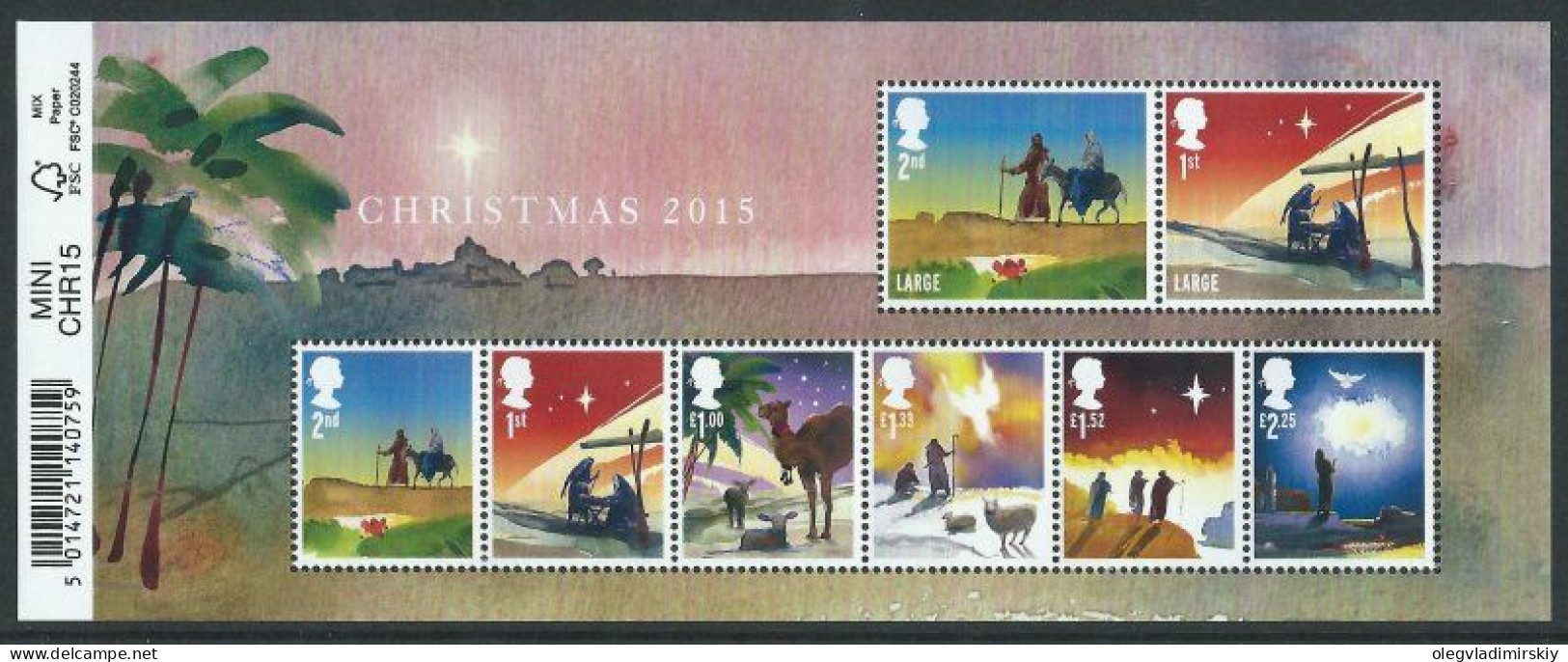 Great Britain United Kingdom 2015 Christmas Bible Stories Set Of 8 Classic Stamps In Block MNH - Blocks & Kleinbögen