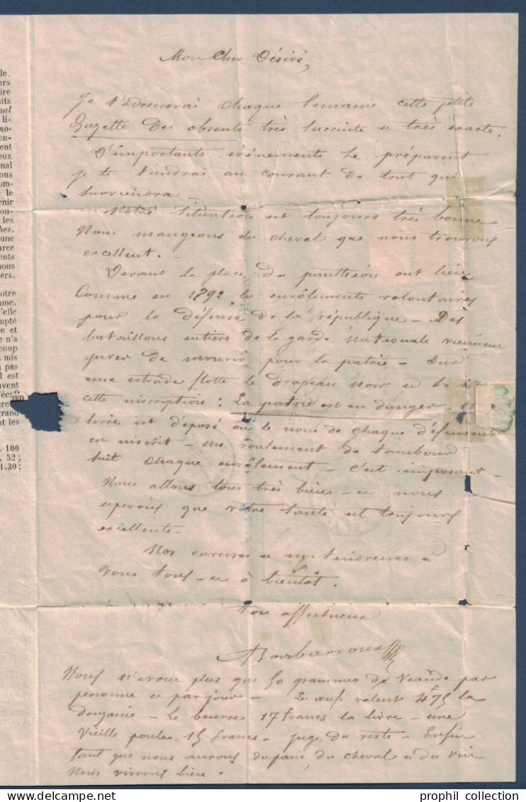 LETTRE PAR BALLON MONTÉ " GAZETTE DES ABSENTS N° 3 " Pour BELGENTIER Par SOLLIÈS PONT (VAR) CAD PARIS 31 OCTOBRE 1870 - 1849-1876: Période Classique