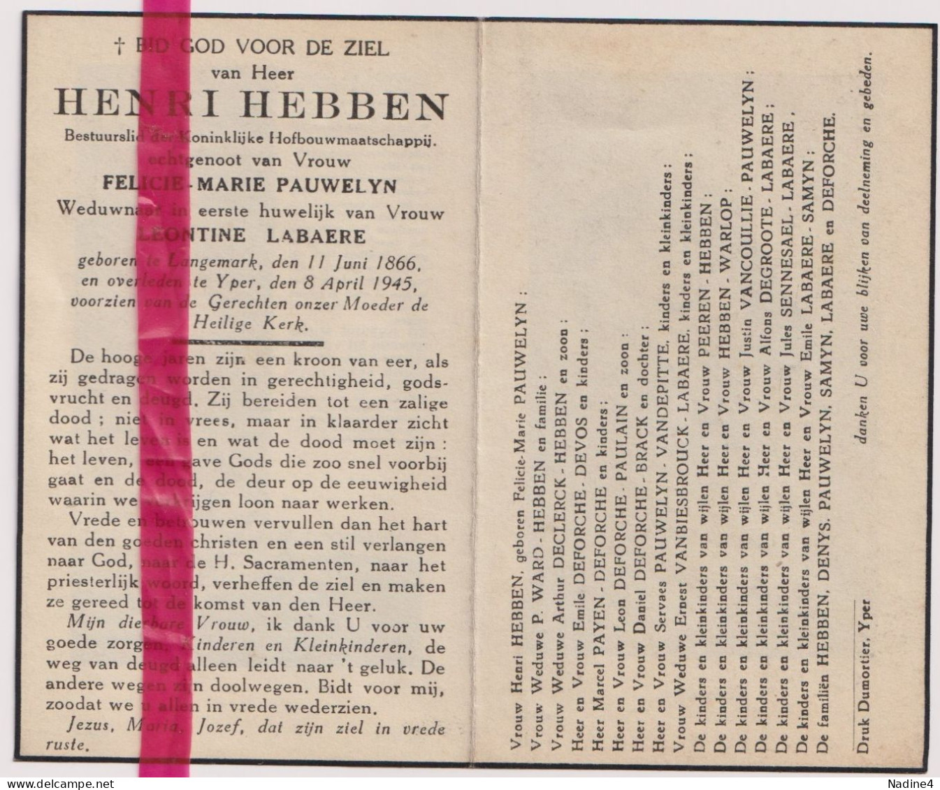 Devotie Doodsprentje Overlijden - Henri Hebben Echtg Pauwelyn, Wedn Labaere - Langemark 1866 - Ieper 1945 - Obituary Notices