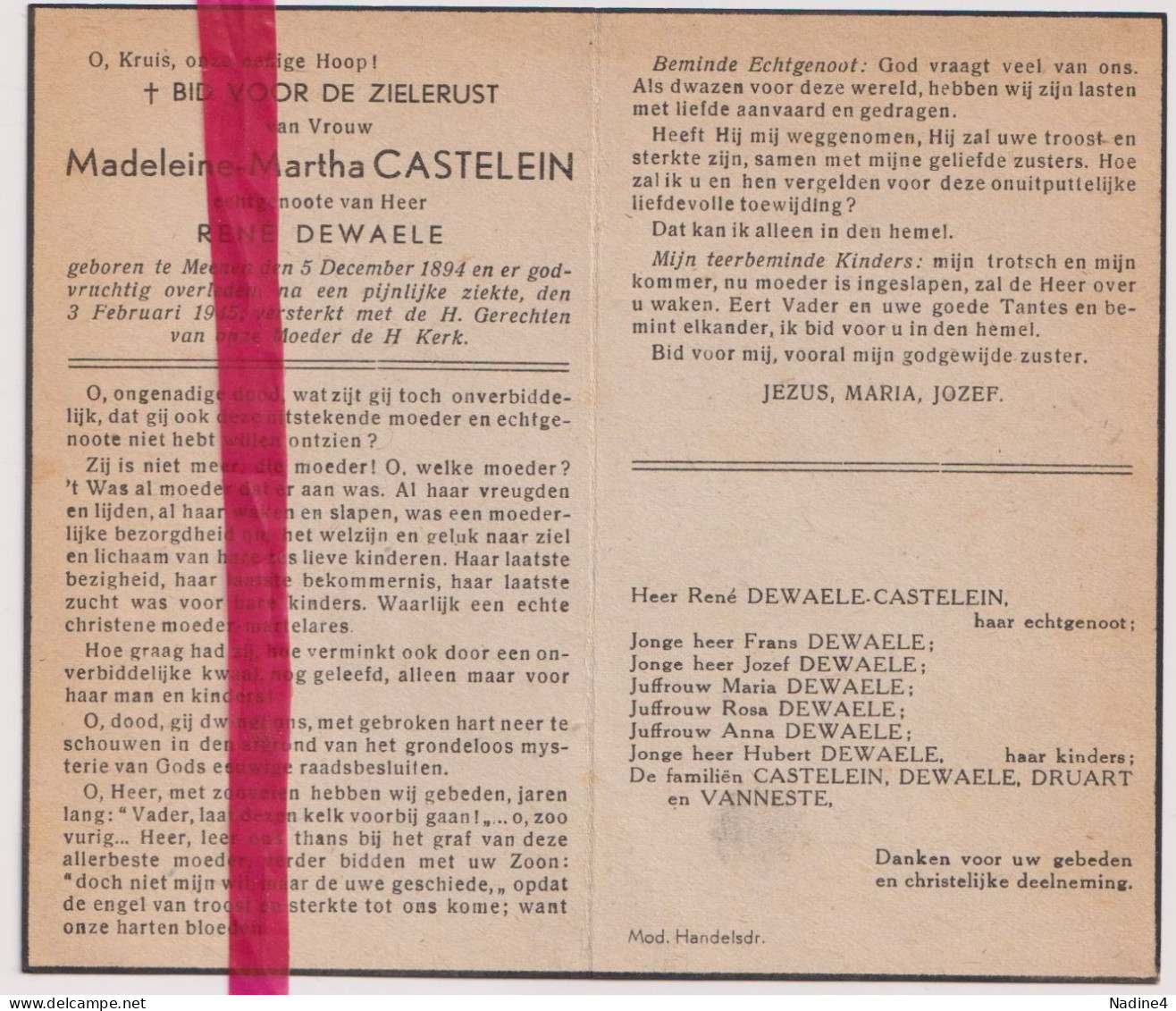 Devotie Doodsprentje Overlijden - Madeleine Castelein Echtg René Dewaele - Menen 1894 - 1945 - Obituary Notices